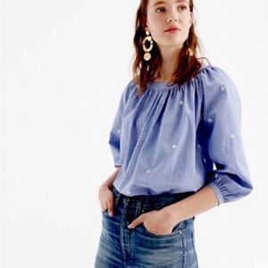 J. Crew Perfect Top With Embroidery In Blue-Sz Small